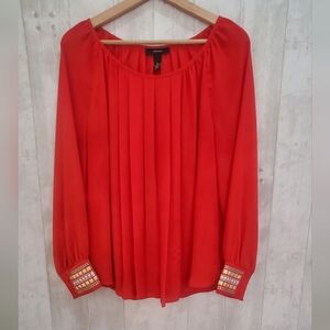 Alfani Red Pleated Long Sleeve Blouse with Gold Cuff Accents Size 12